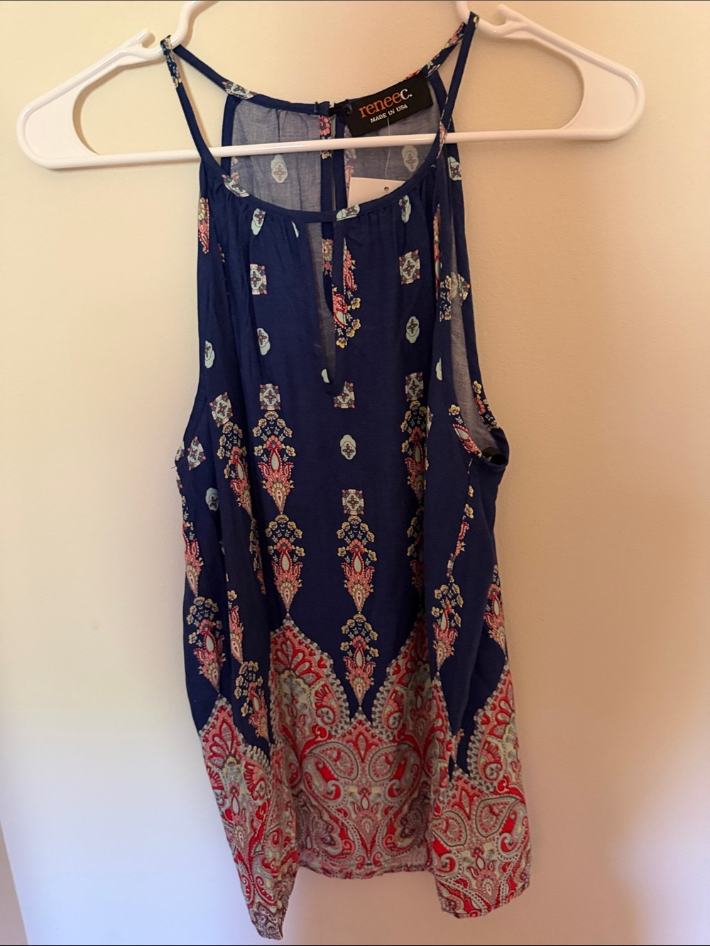 Renee C. Navy Paisley Halter Camisole with Red Accents